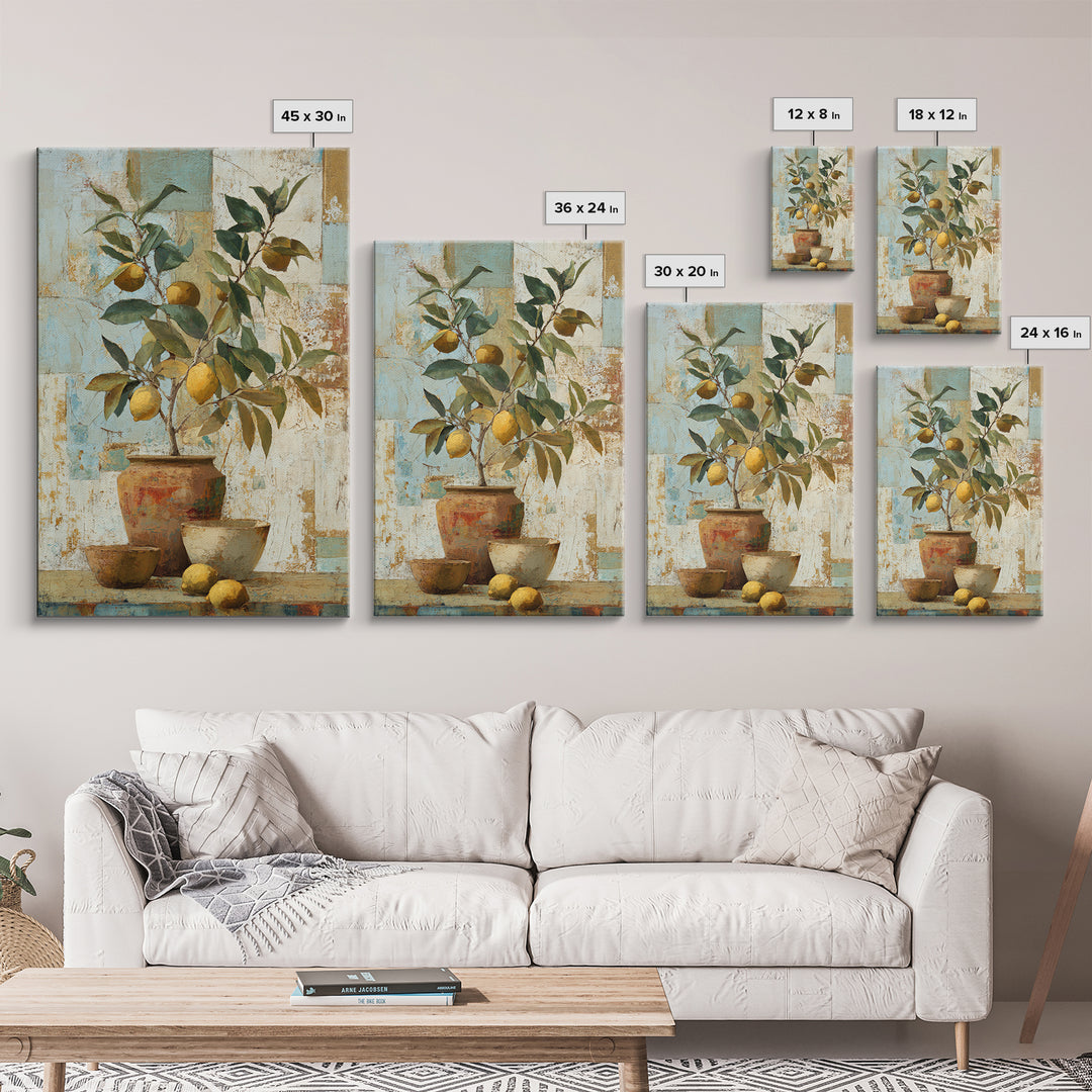 Mediterranean Lemon Branch Still Life Framed Canvas Print, Wall Art, Minimalist Decor, Living Room Decor, Oil Painting, WAL-2x3-6