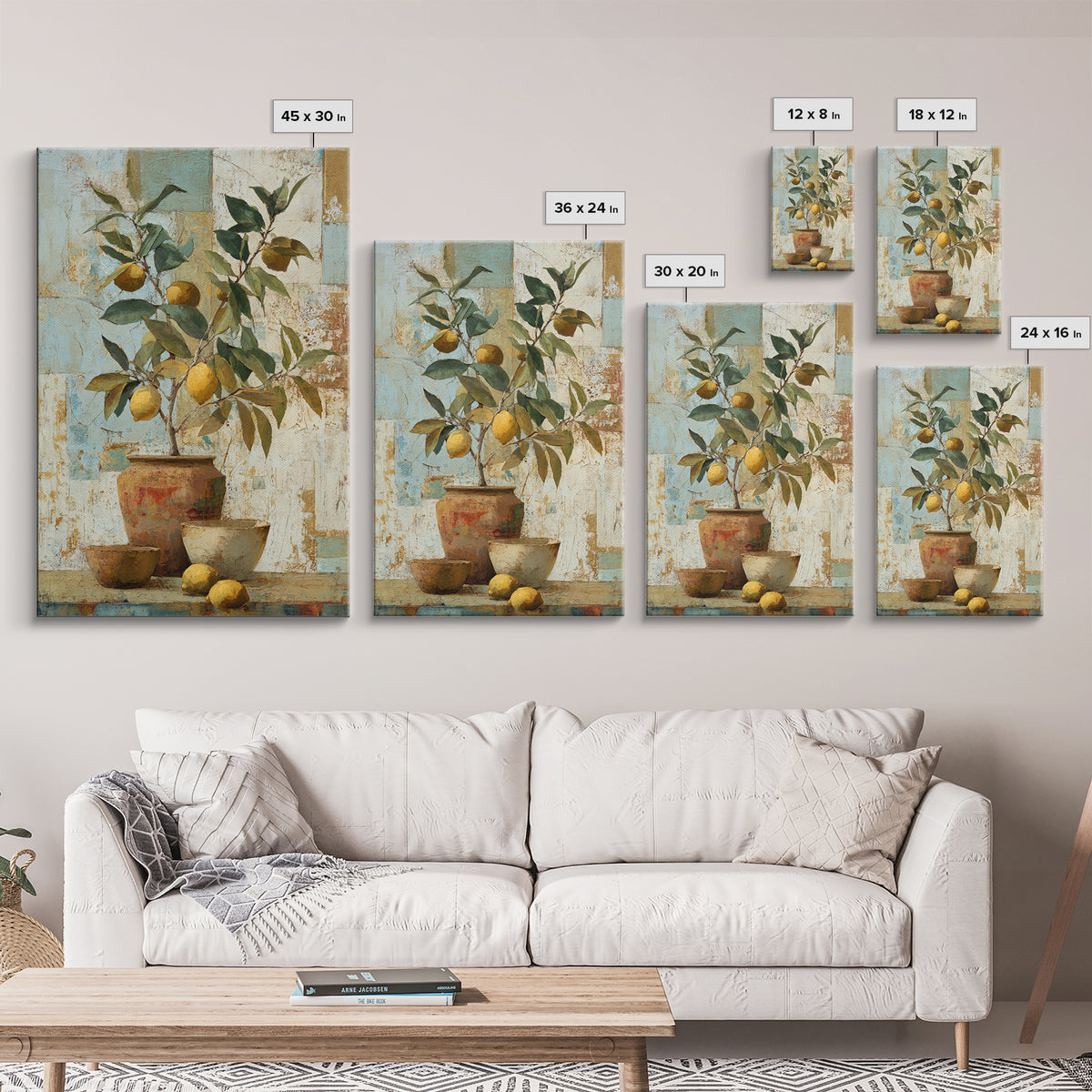 Mediterranean Lemon Branch Still Life Framed Canvas Print, Wall Art, Minimalist Decor, Living Room Decor, Oil Painting, WAL-2x3-6