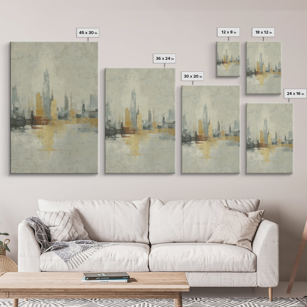 Urban Skyline in Muted Evening Color Framed Canvas Print, Wall Art, Wall Hangings, Living Room Decor, Abstract Art, WAL-2x3-74