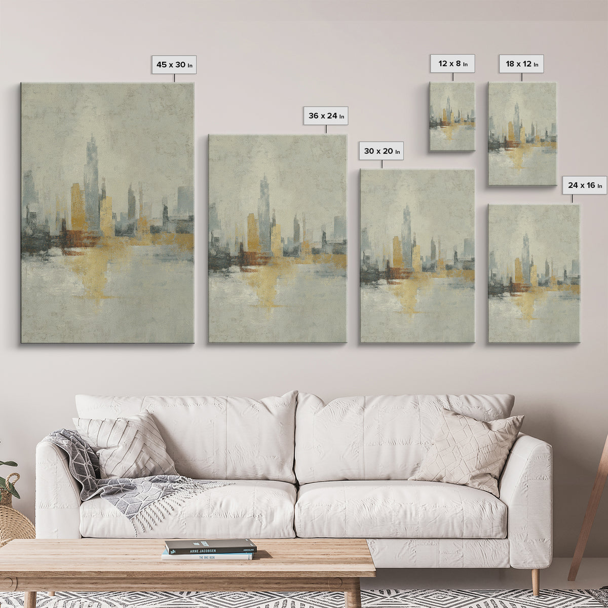 Urban Skyline in Muted Evening Color Framed Canvas Print, Wall Art, Wall Hangings, Living Room Decor, Abstract Art, WAL-2x3-74