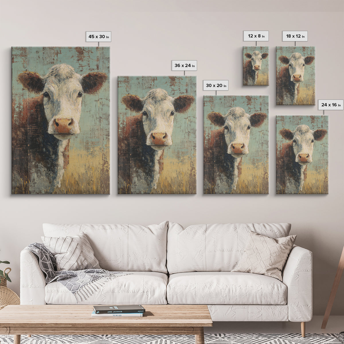 Rustic Farmhouse Cow Portrait Framed Canvas Print, Wall Art, Wall Hanging, Living Room Decor, Fine Art, Gallery Decor, WAL-2x3-75