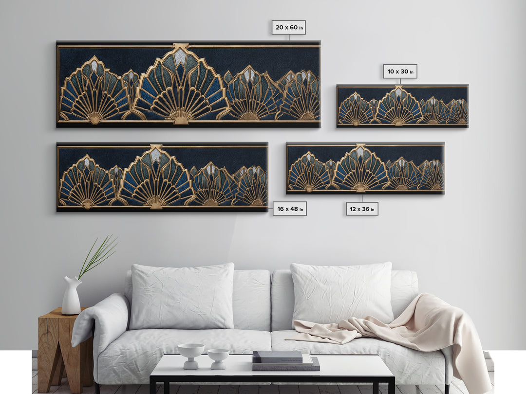 Art Deco Gold Fan Pattern Framed Canvas Print, Wall Art, Digital Print, Living Room Decor, Fine Art, Luxury Decor, WAL-3x1-12