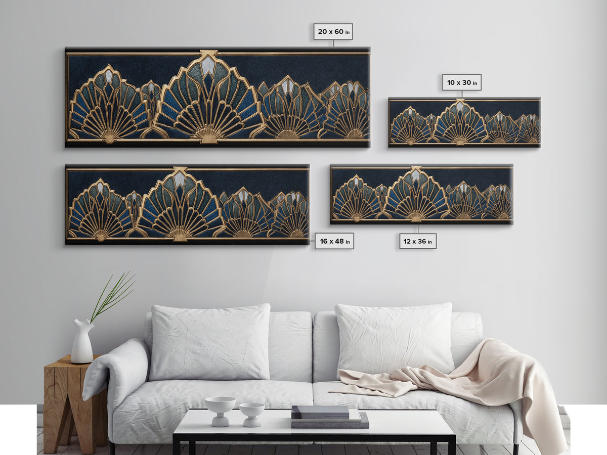 Art Deco Gold Fan Pattern Framed Canvas Print, Wall Art, Digital Print, Living Room Decor, Fine Art, Luxury Decor, WAL-3x1-12