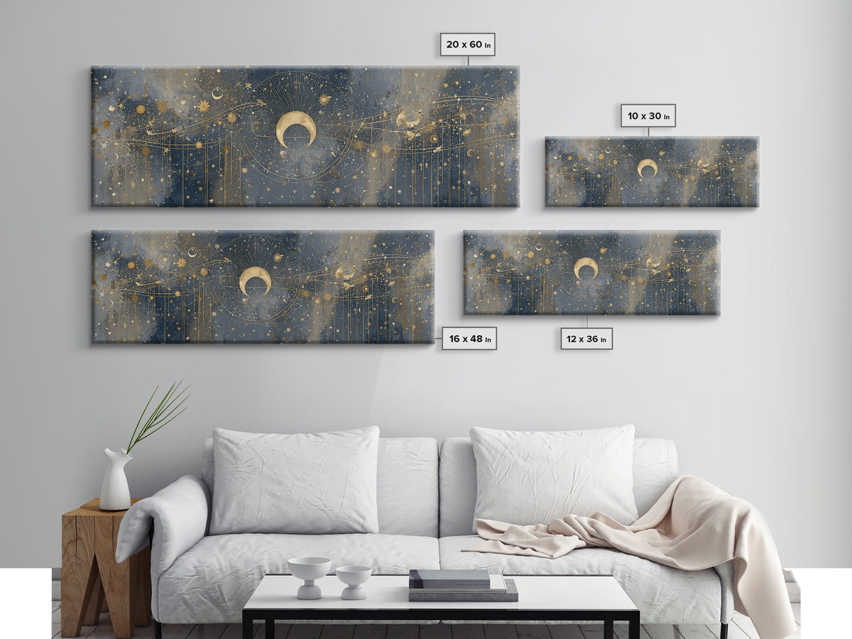 Celestial Moon and Stars Artwork Canvas Print, Wall Art, Painting, Living Room Decor, Fine Art, Art Deco, Wall Hanging, WAL-3x1-30