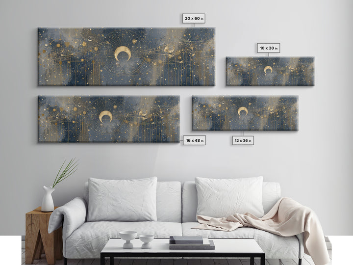 Celestial Moon and Stars Artwork Canvas Print, Wall Art, Painting, Living Room Decor, Fine Art, Art Deco, Wall Hanging, WAL-3x1-30