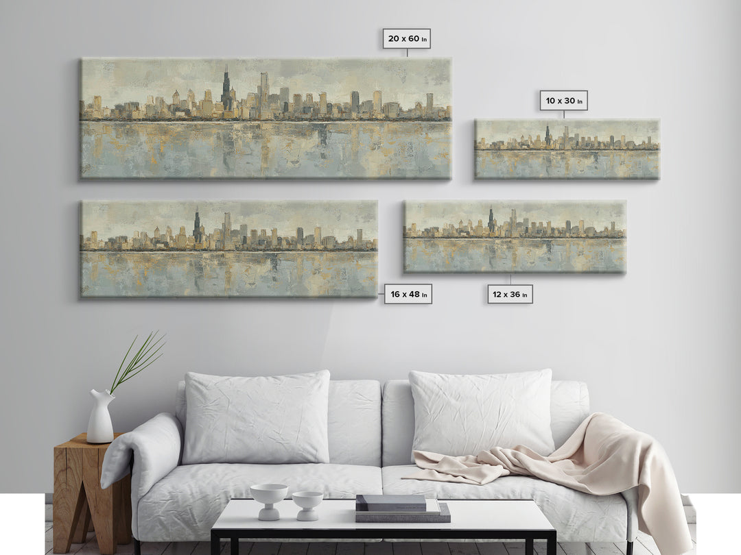 Urban Skyline in Muted Evening Color Framed Canvas Print, Wall Art, Art Deco, Living Room Decor, Fine Art, Abstract Wall Art, WAL-3x1-58