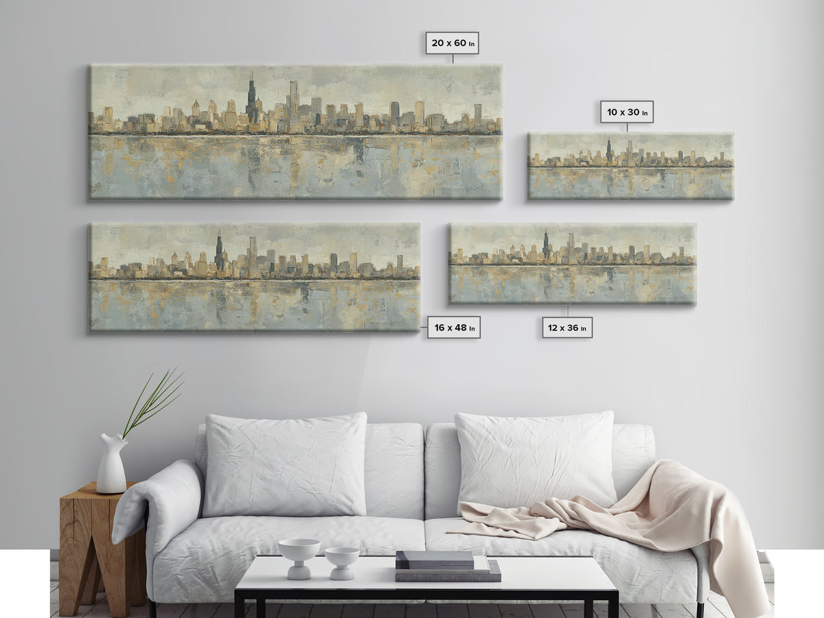 Urban Skyline in Muted Evening Color Framed Canvas Print, Wall Art, Art Deco, Living Room Decor, Fine Art, Abstract Wall Art, WAL-3x1-58