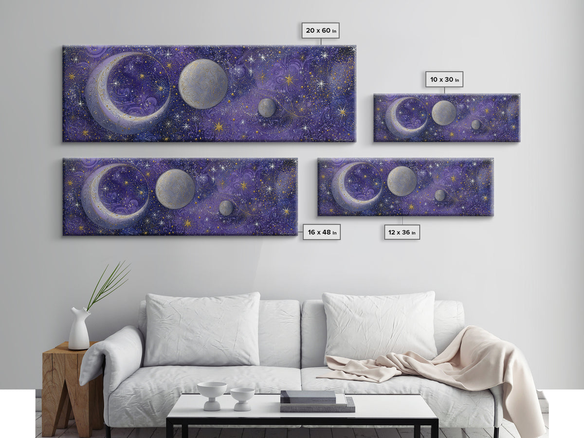 Celestial Moon and Stars Artwork Canvas Print, Wall Art, Digital Print, Living Room Decor, Fine Art, Luxury Decor, WAL-3x1-6