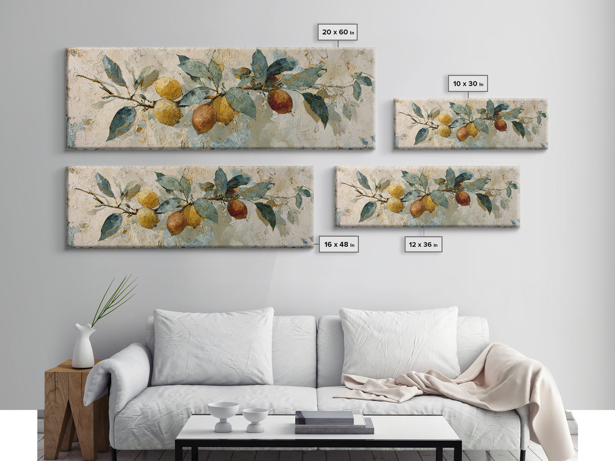 Mediterranean Lemon Branch Still Life Canvas Print, Wall Art, Boho Decor, Living Room Decor, Fine Art, Painting, WAL-3x1-62