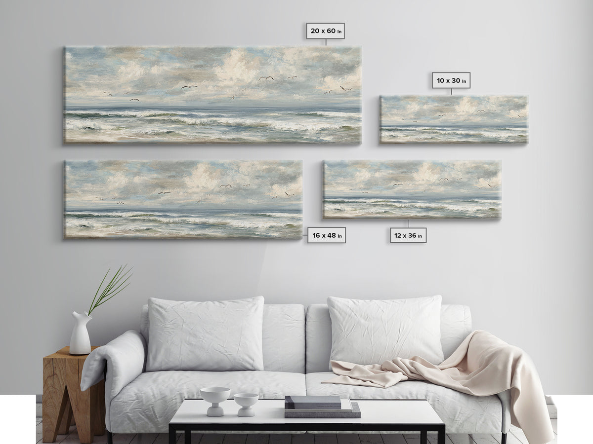 Classic Seascape with Dramatic Clouds Framed Canvas Print, Wall Art, Mid Century Modern, Living Room Decor, Abstract Art, WAL-3x1-67