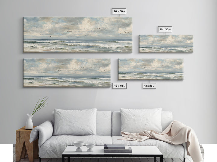 Classic Seascape with Dramatic Clouds Framed Canvas Print, Wall Art, Mid Century Modern, Living Room Decor, Abstract Art, WAL-3x1-67