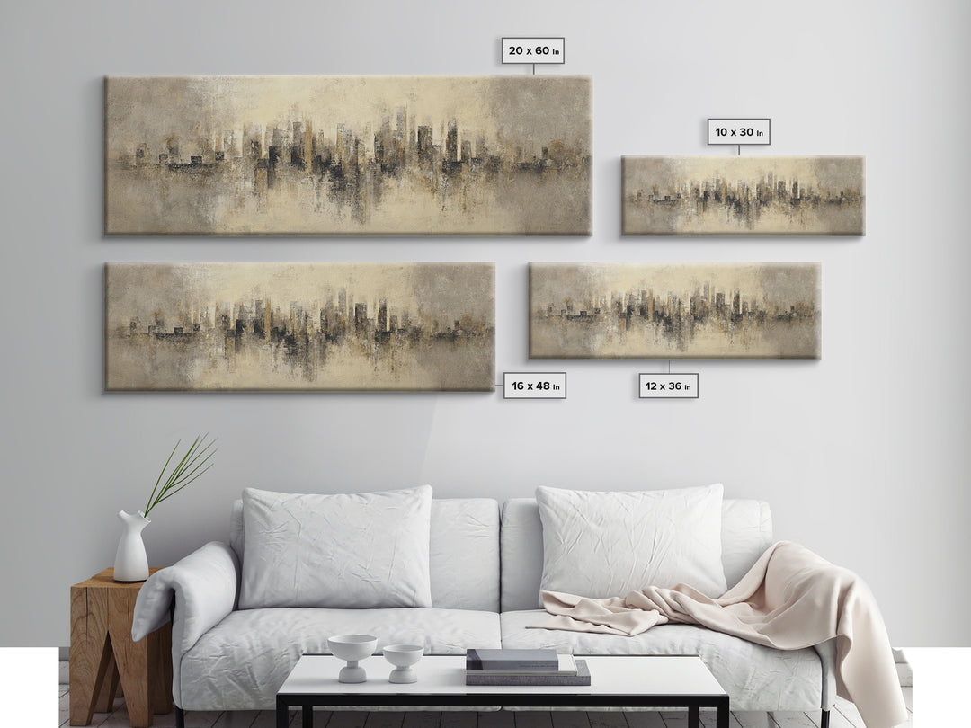Urban Skyline in Muted Evening Color Framed Canvas Print, Wall Art, Art Deco, Living Room Decor, Fine Art, Abstract Wall Art, WAL-3x1-82