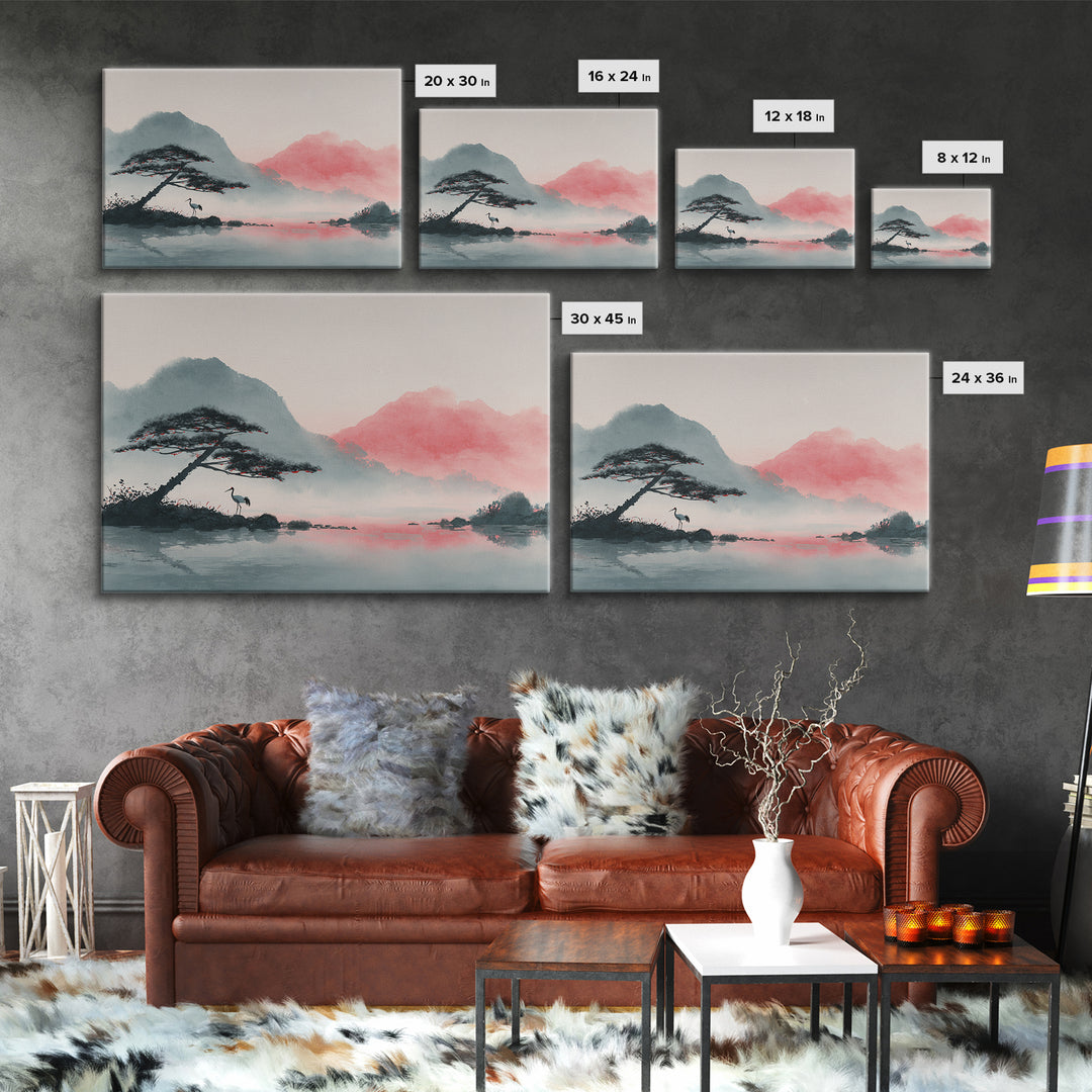 Monochrome Ink Crane Composition Framed Canvas Print, Wall Art, Living Room Decor, Oil Painting, Metal Wall Art, WAL-3x2-100