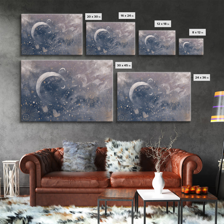 Celestial Moon and Stars Artwork Framed Canvas Print, Wall Art, Digital Wall Art, Living Room Decor, Fine Art, WAL-3x2-18