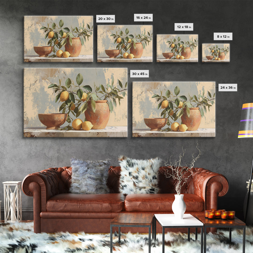 Mediterranean Lemon Branch Still Life Framed Canvas Print, Wall Art, Canvas, Living Room Decor, Watercolor Art, WAL-3x2-2