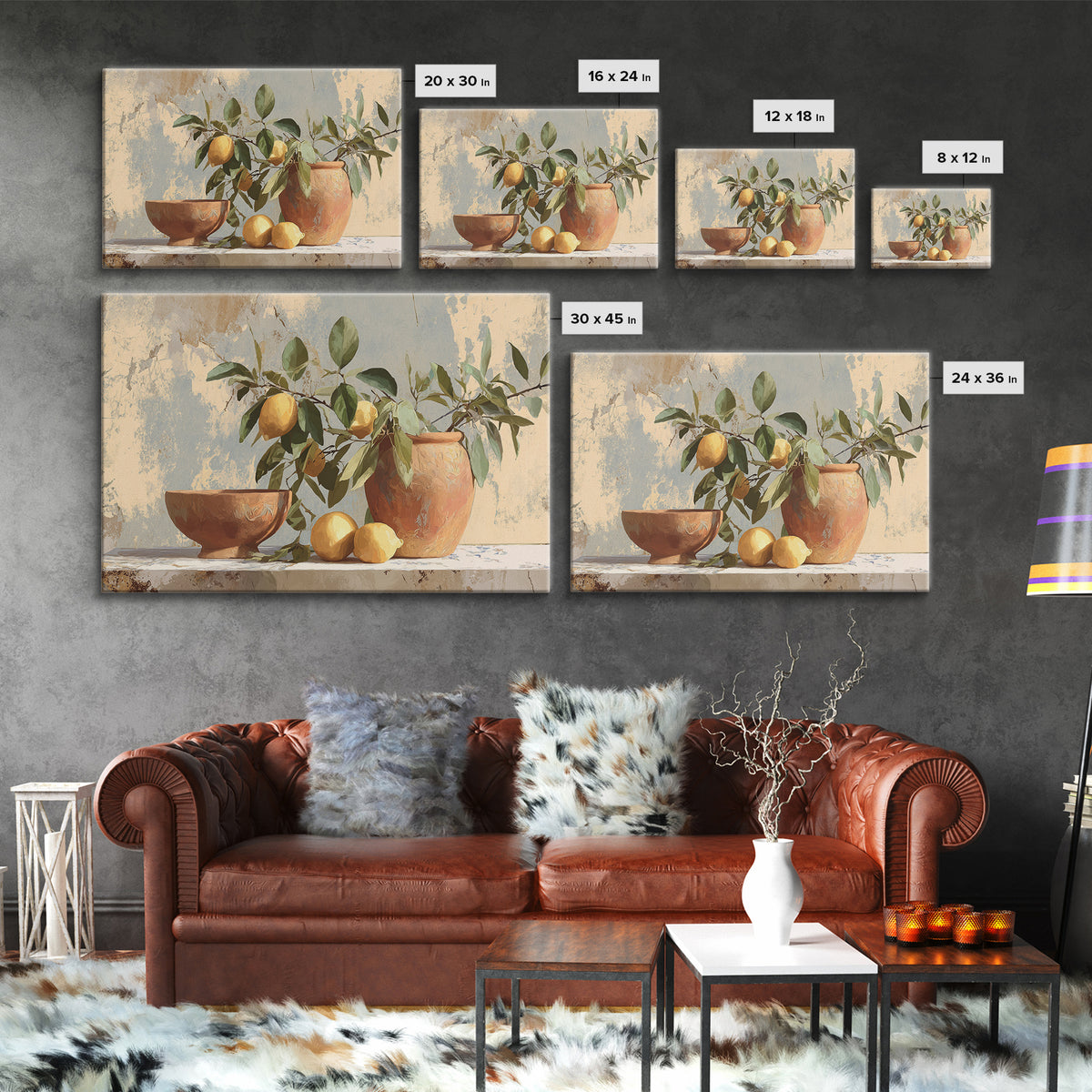Mediterranean Lemon Branch Still Life Framed Canvas Print, Wall Art, Canvas, Living Room Decor, Watercolor Art, WAL-3x2-2