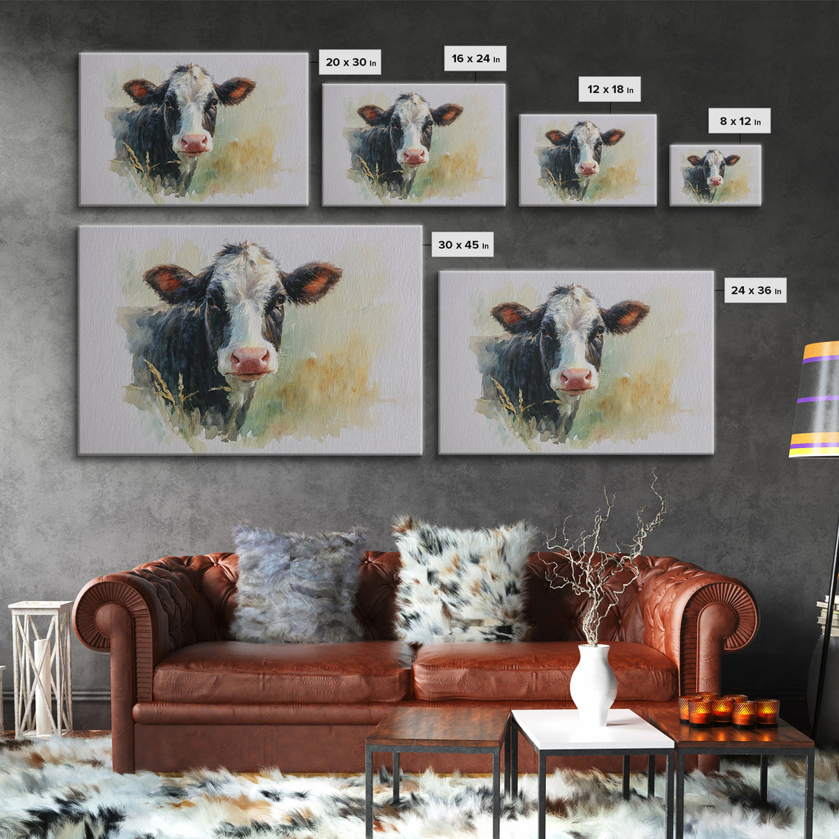 Rustic Farmhouse Cow Portrait Framed Canvas Print, Wall Art, Prints Wall Art, Living Room Decor, Fine Art, Textured Painting, WAL-3x2-23