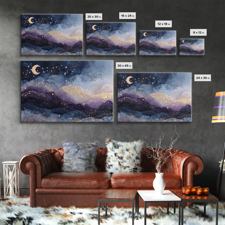 Celestial Moon and Stars Artwork Canvas Print, Wall Art, Home Decor Gift, Living Room Decor, Fine Art, Neutral Decor, WAL-3x2-42