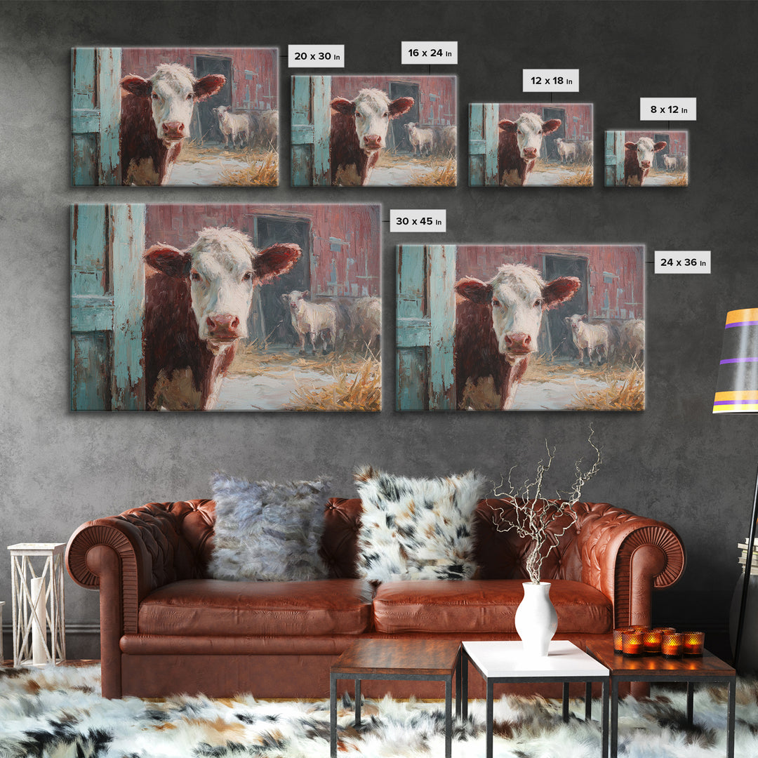 Rustic Farmhouse Cow Portrait Framed Canvas Print, Wall Art, Heart, Living Room Decor, Fine Art, Home Decor Gift, WAL-3x2-47