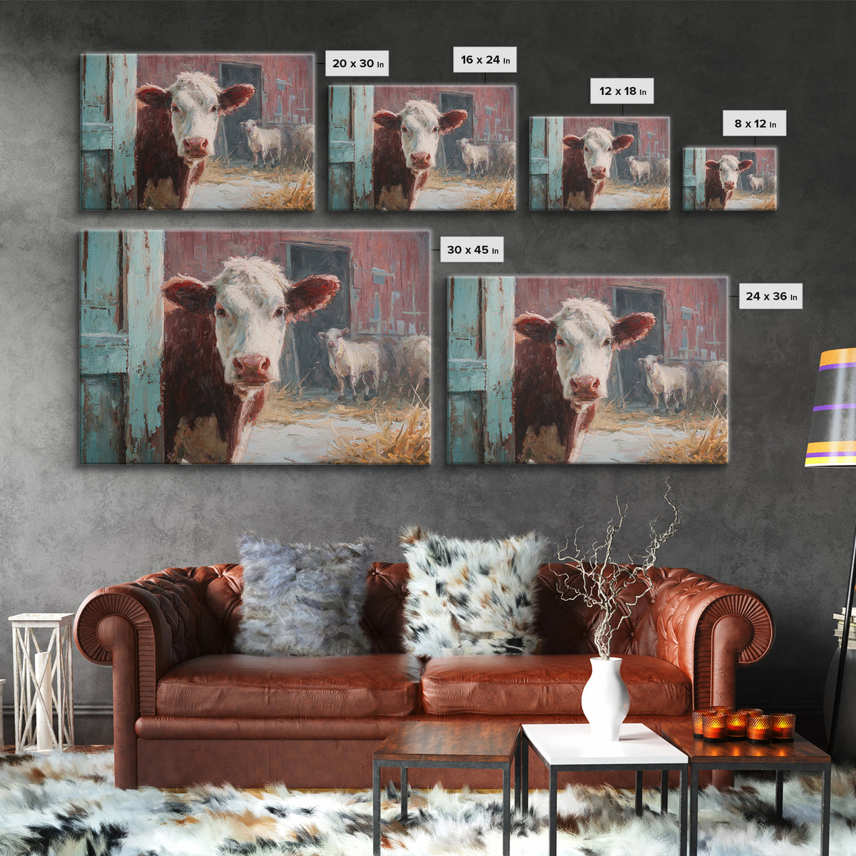 Rustic Farmhouse Cow Portrait Framed Canvas Print, Wall Art, Heart, Living Room Decor, Fine Art, Home Decor Gift, WAL-3x2-47