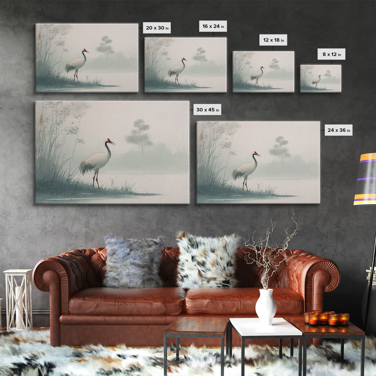 Monochrome Ink Crane Composition Canvas Print, Wall Art, Wood Wall Art, Living Room Decor, Abstract Art, Textured Painting, WAL-3x2-52
