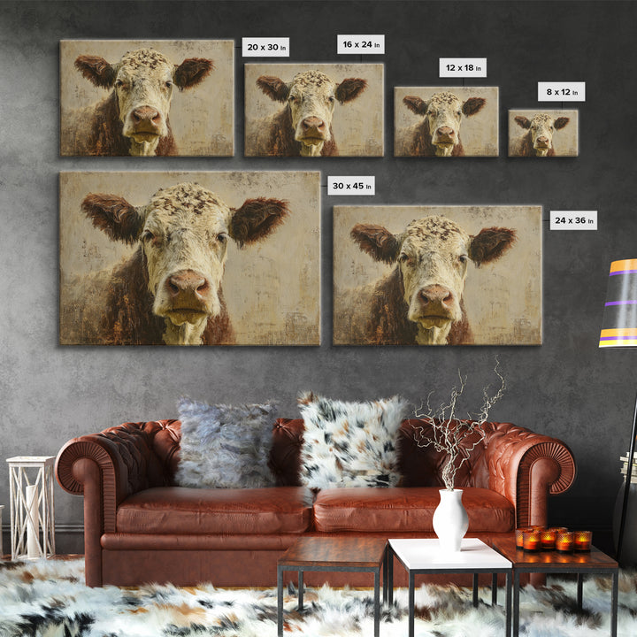 Rustic Farmhouse Cow Portrait Framed Canvas Print, Wall Art, Abstract Wall Art, Living Room Decor, Fine Art, WAL-3x2-71