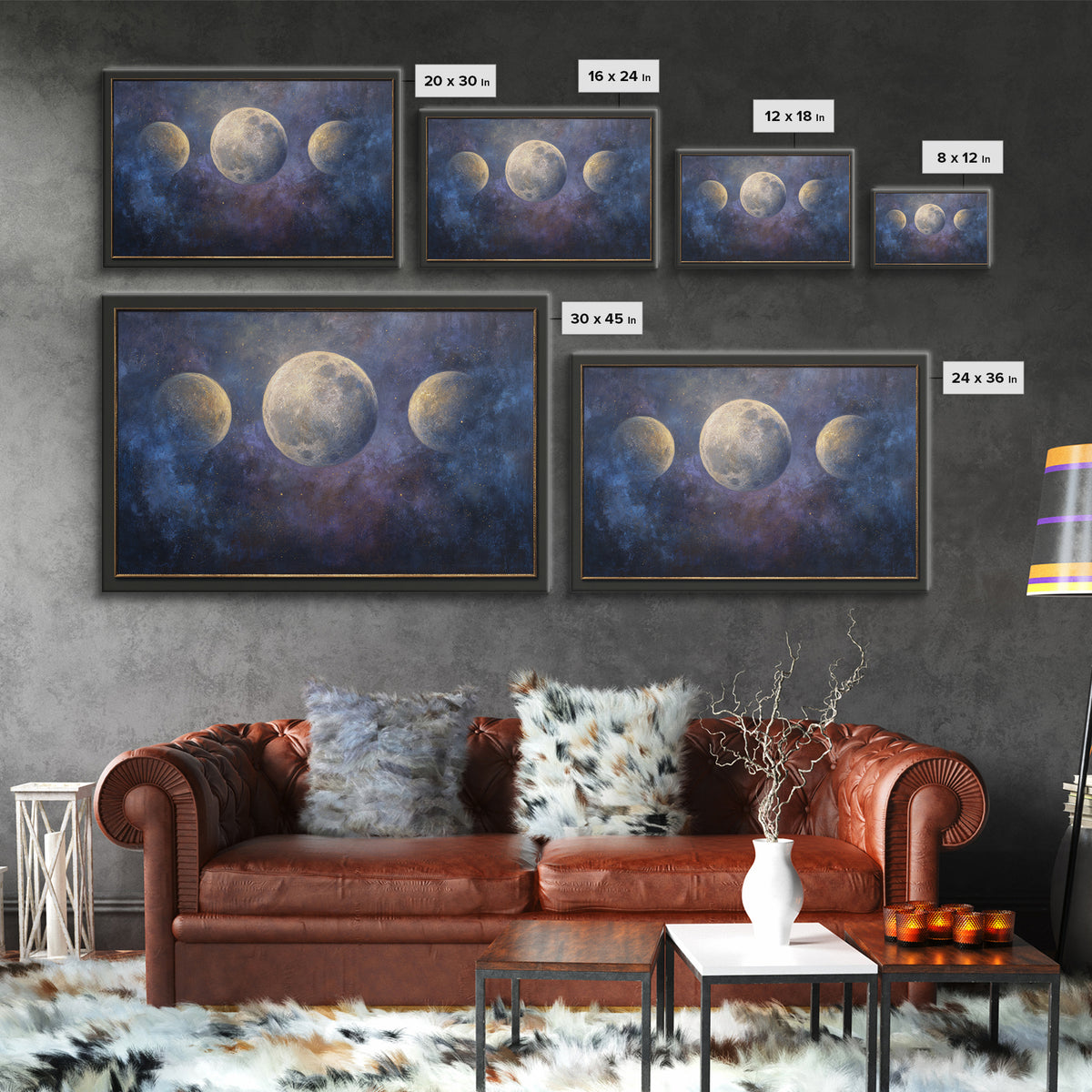 Celestial Moon and Stars Artwork Framed Canvas Print, Wall Art, Digital Print, Living Room Decor, Fine Art, Luxury Decor, WAL-3x2-90