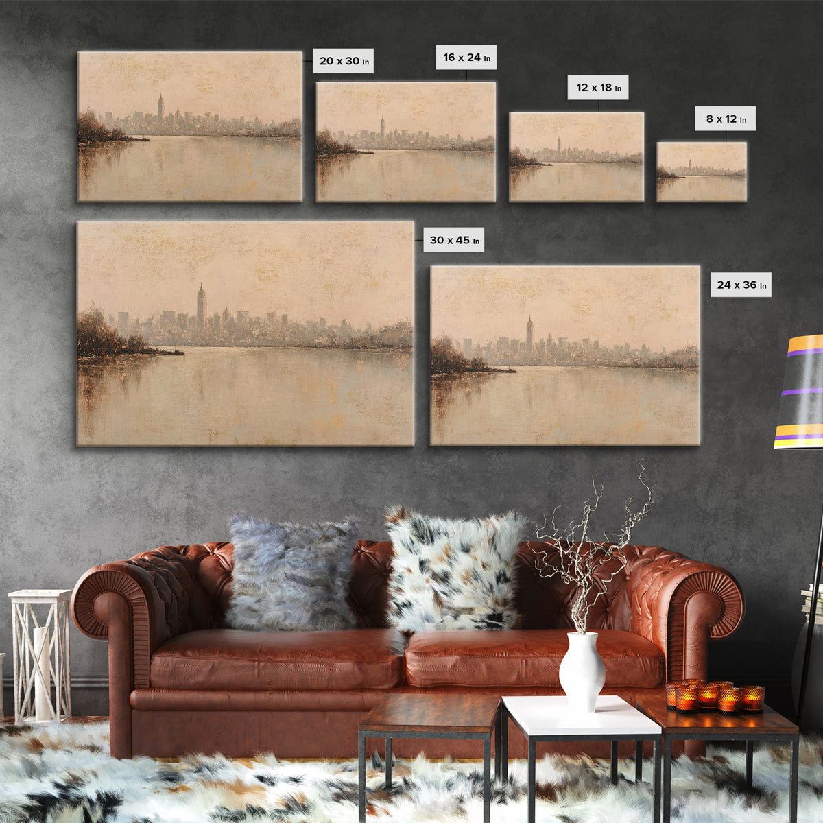 Urban Skyline in Muted Evening Color Canvas Print, Wall Art, Wood Wall Art, Living Room Decor, Fine Art, Textured Painting, WAL-3x2-94