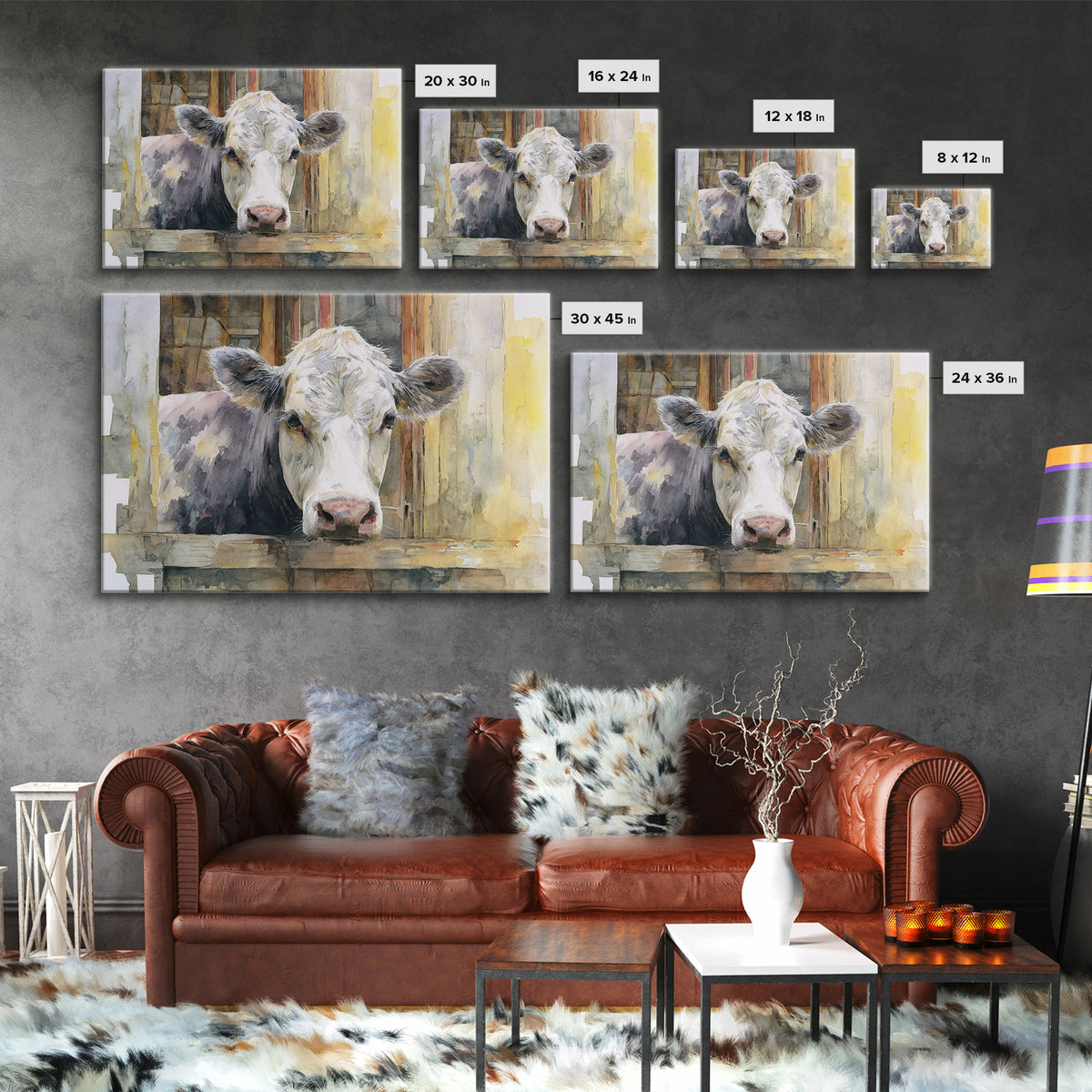 Rustic Farmhouse Cow Portrait Framed Canvas Print, Wall Art, Canvas, Living Room Decor, Oil Painting, Canvas Wall Art, WAL-3x2-95