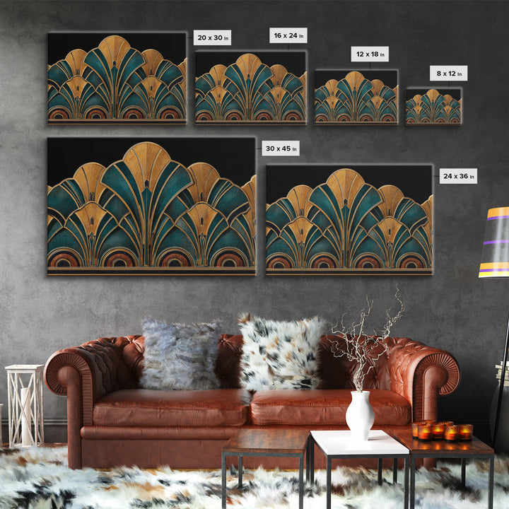 Art Deco Gold Fan Pattern Framed Canvas Print, Wall Art, Painting, Living Room Decor, Fine Art, Wall Hanging, WAL-3x2-96