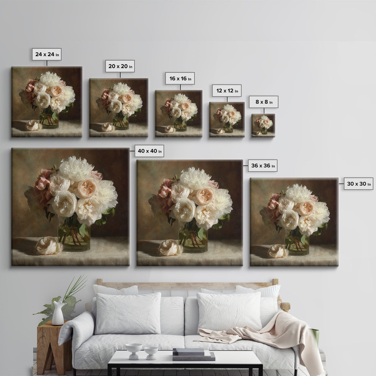 Romantic Bouquet of White Roses and Peonies Canvas Print, Wedding Art, Wedding Painting, Living Room Decor, Fine Art, Romance, WED-1x1-25
