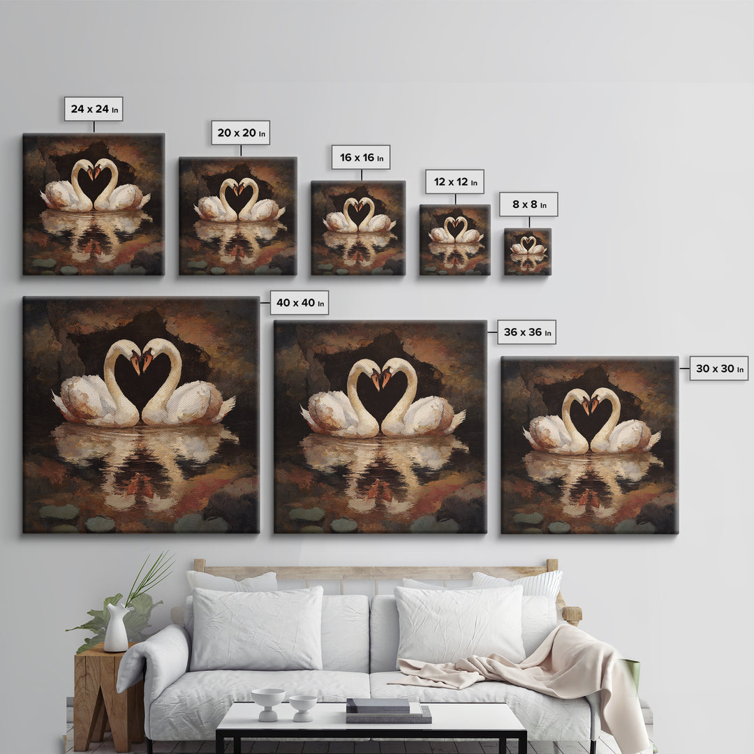 Two Swans Forming a Heart on Dark Canvas Print, Wedding Art, Unique Wedding Gift, Living Room Decor, Fine Art, Romance, WED-1x1-26
