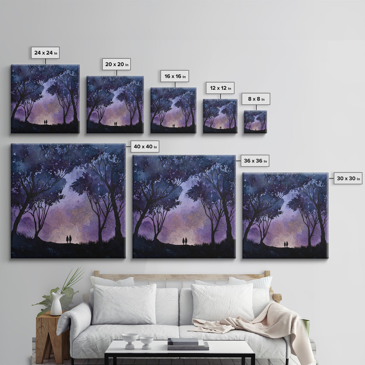 Couple Silhouette Beneath Moonlit Trees Framed Canvas Print, Wedding Art, Personalized Wedding, Living Room Decor, Romance, WED-1x1-29