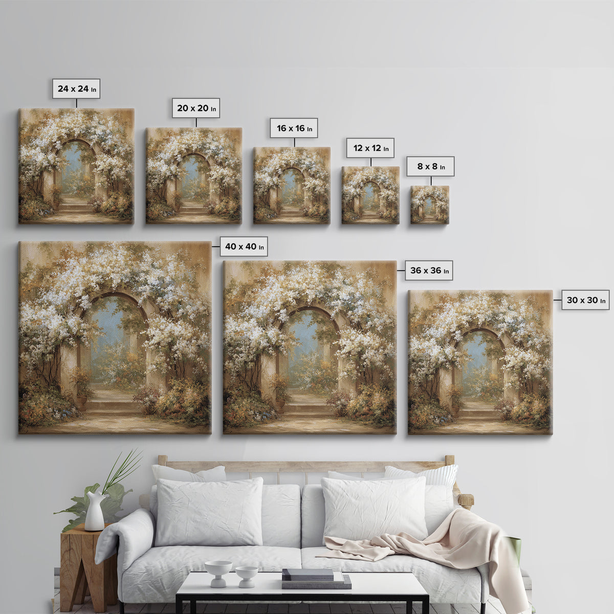 Romantic Garden Arch Covered Framed Canvas Print, Wedding Art, Beach Wedding, Living Room Decor, Romance, Modern Decor, WED-1x1-34