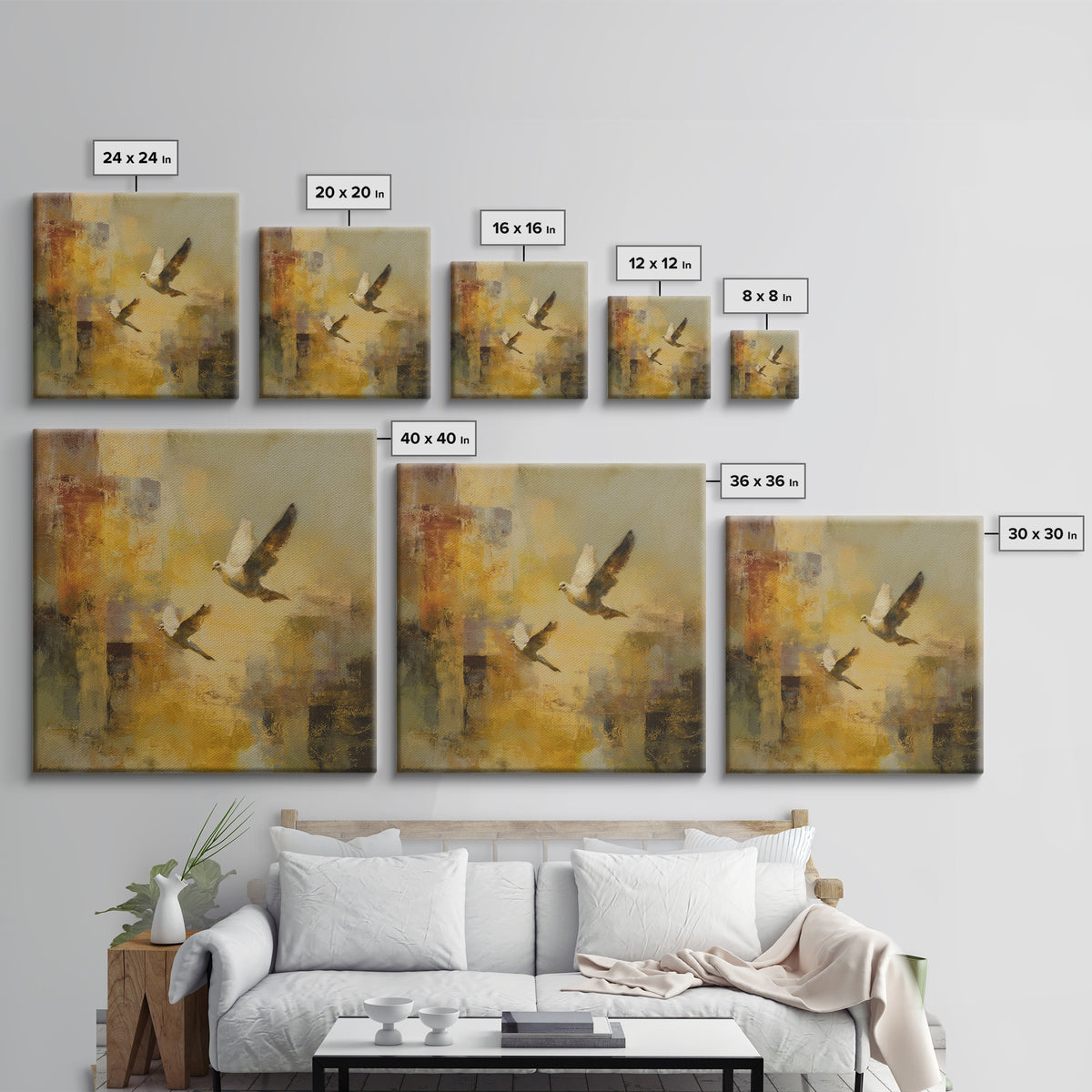 Doves Flying Through Soft Golden Light Canvas Print, Wedding Art, Jewish Art, Living Room Decor, Romance, Personalized Wedding, WED-1x1-35
