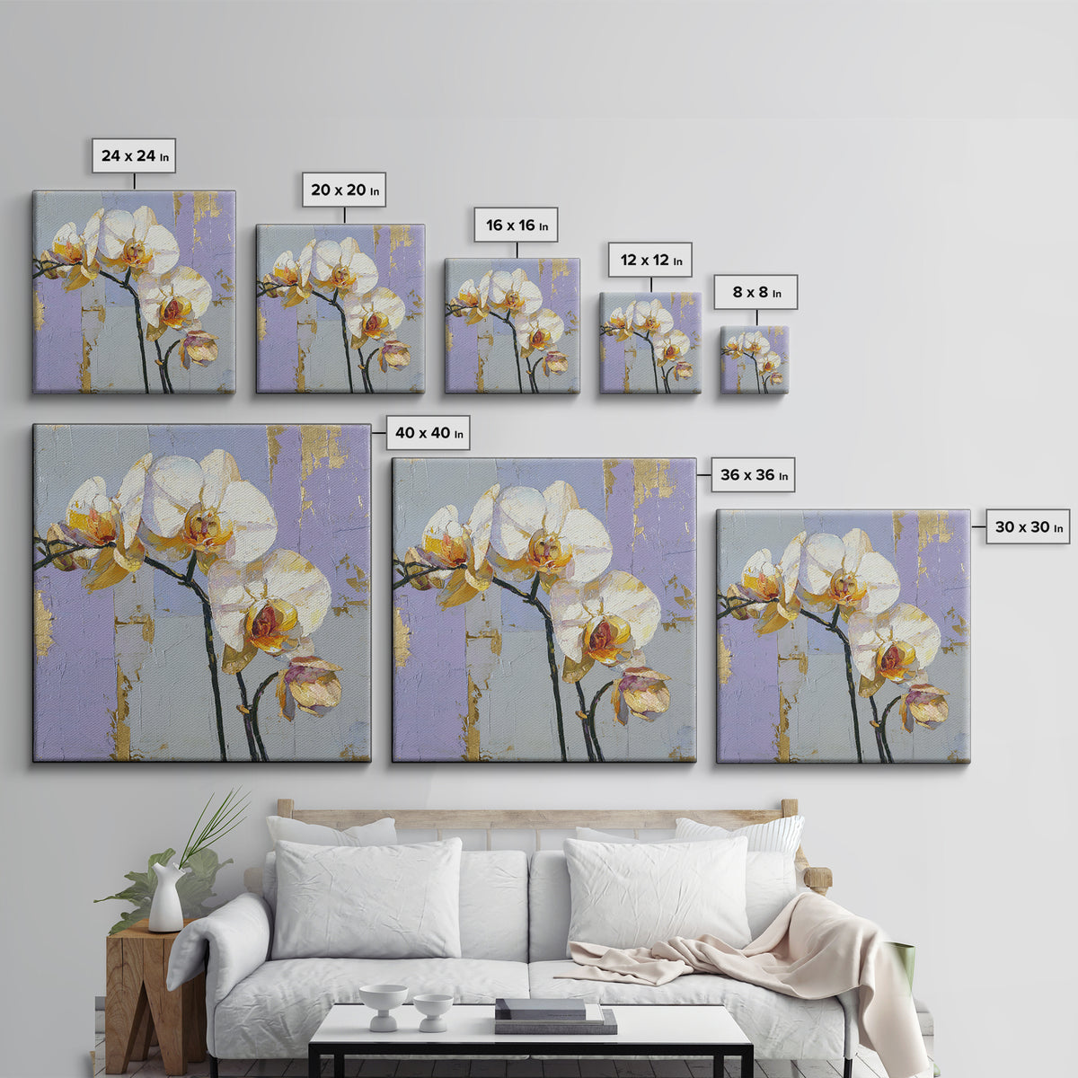 White Orchid and Gold Ribbon Composition Framed Canvas Print, Wedding Art, Wedding, Living Room Decor, Fine Art, Romance, WED-1x1-48