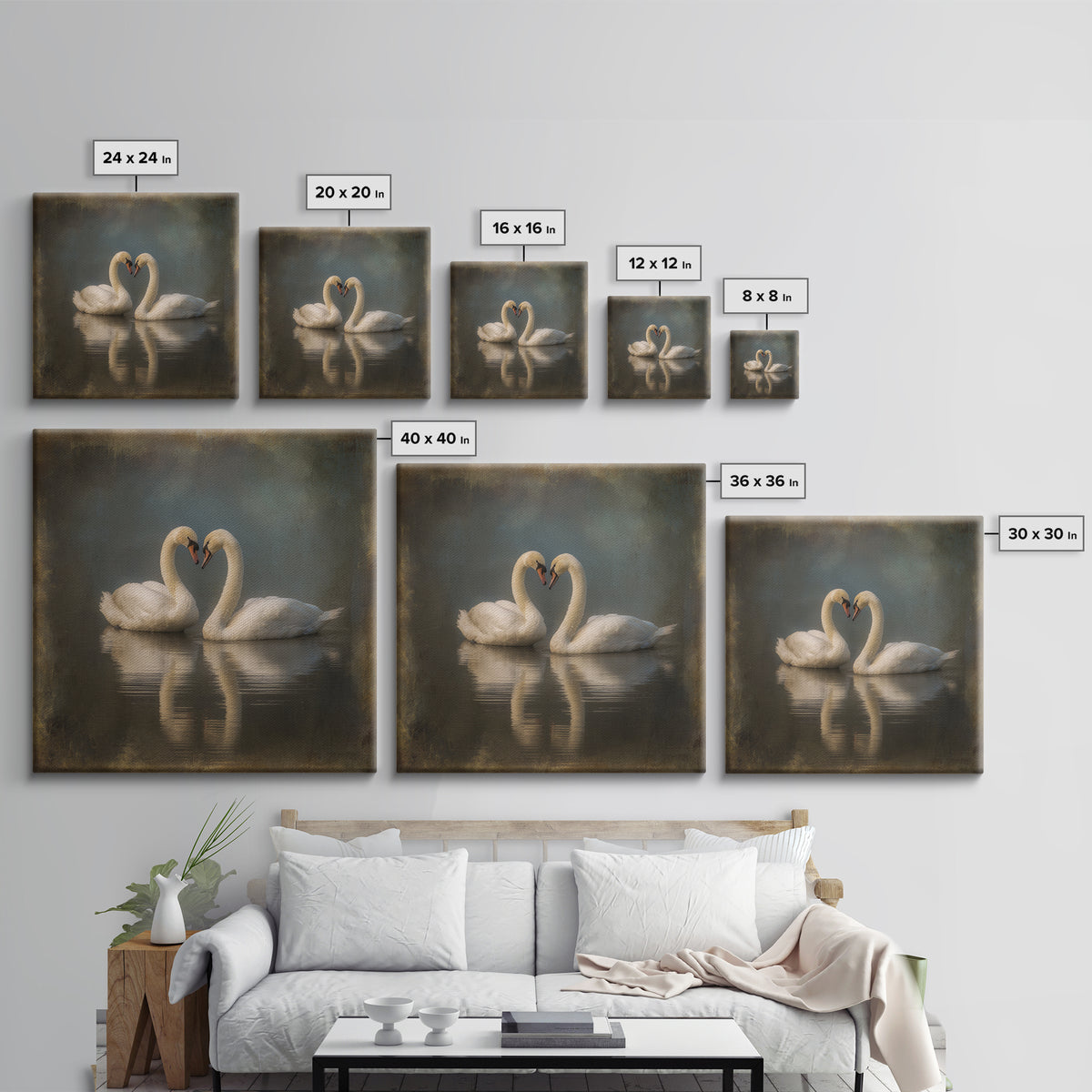 Two Swans Forming a Heart on Dark Canvas Print, Wedding Art, Unique Wedding Gift, Living Room Decor, Fine Art, Romance, WED-1x1-50