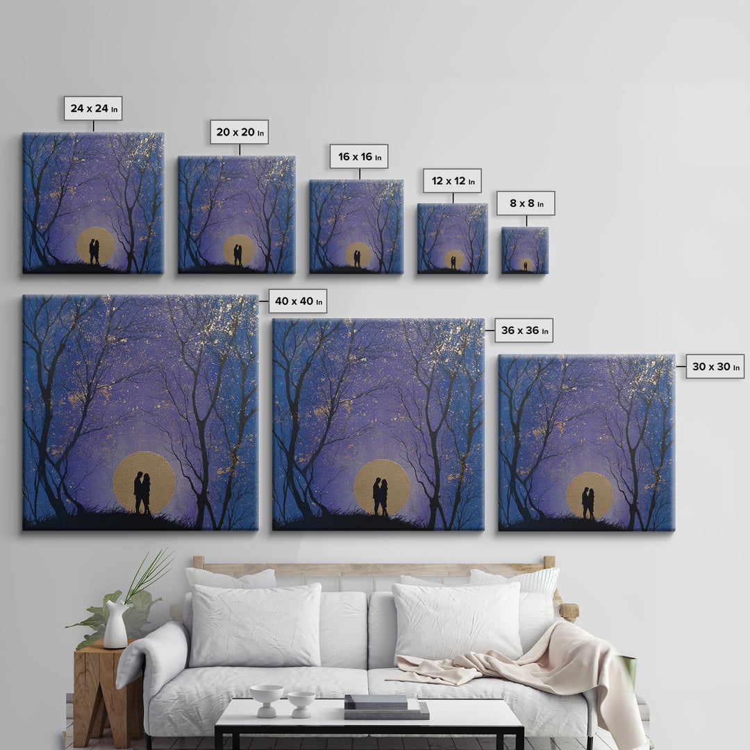 Couple Silhouette Beneath Moonlit Trees Framed Canvas Print, Wedding Art, Personalized Wedding, Living Room Decor, Romance, WED-1x1-53
