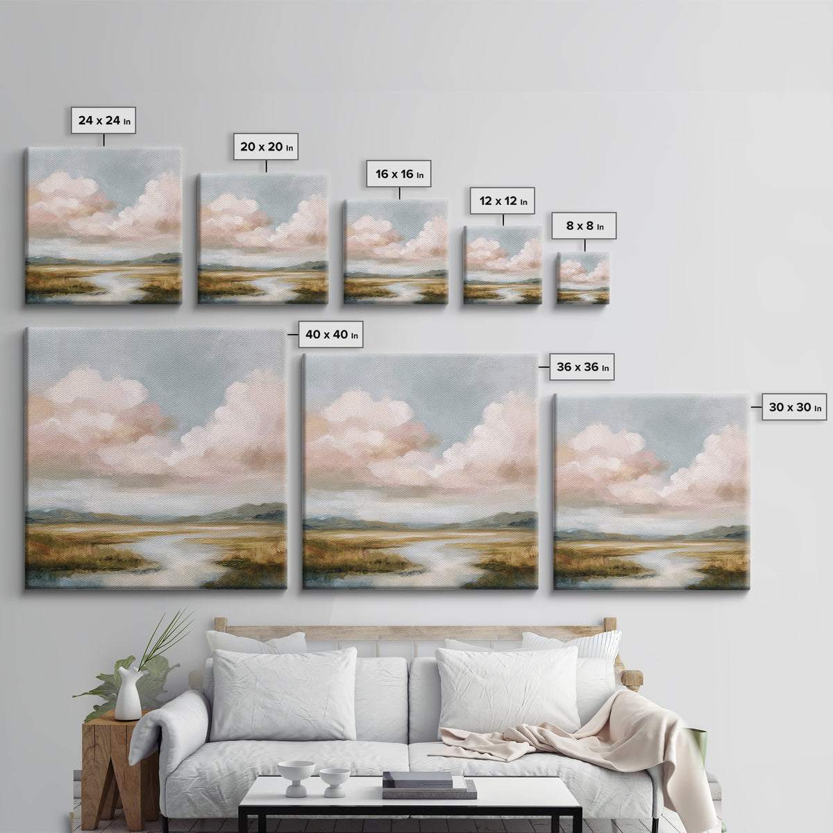 Blush Cloudscape with Dreamy Atmosphere Framed Canvas Print, Wedding Art, Personalized Wedding, Living Room Decor, Romance, WED-1x1-63
