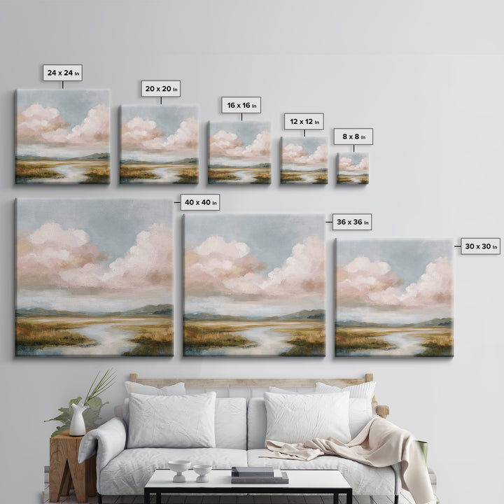 Blush Cloudscape with Dreamy Atmosphere Framed Canvas Print, Wedding Art, Personalized Wedding, Living Room Decor, Romance, WED-1x1-63