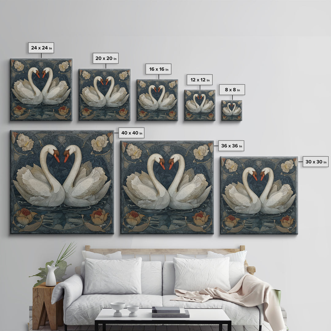 Two Swans Forming a Heart on Dark Framed Canvas Print, Wedding Art, Personalized Art, Living Room Decor, Fine Art, Romance, WED-1x1-74