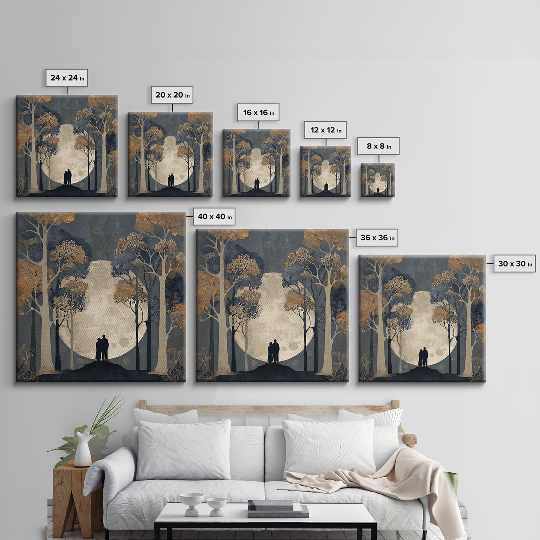 Couple Silhouette Beneath Moonlit Trees Canvas Print, Wedding Art, Neutral Decor, Living Room Decor, Fine Art, Romance, WED-1x1-77