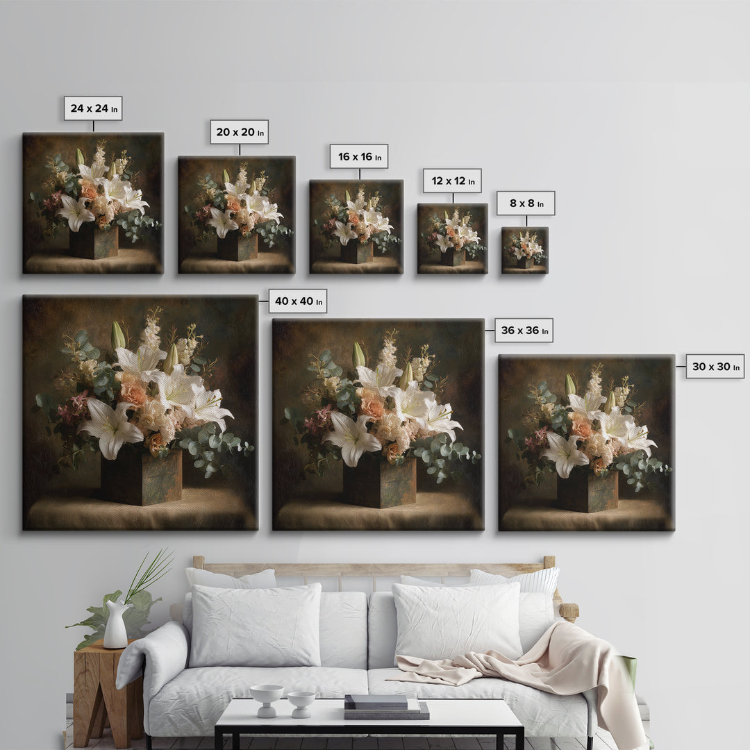 White Lilies and Eucalyptus Arrangement Canvas Print, Wedding Art, Modern Decor, Living Room Decor, Fine Art, Romance, WED-1x1-81