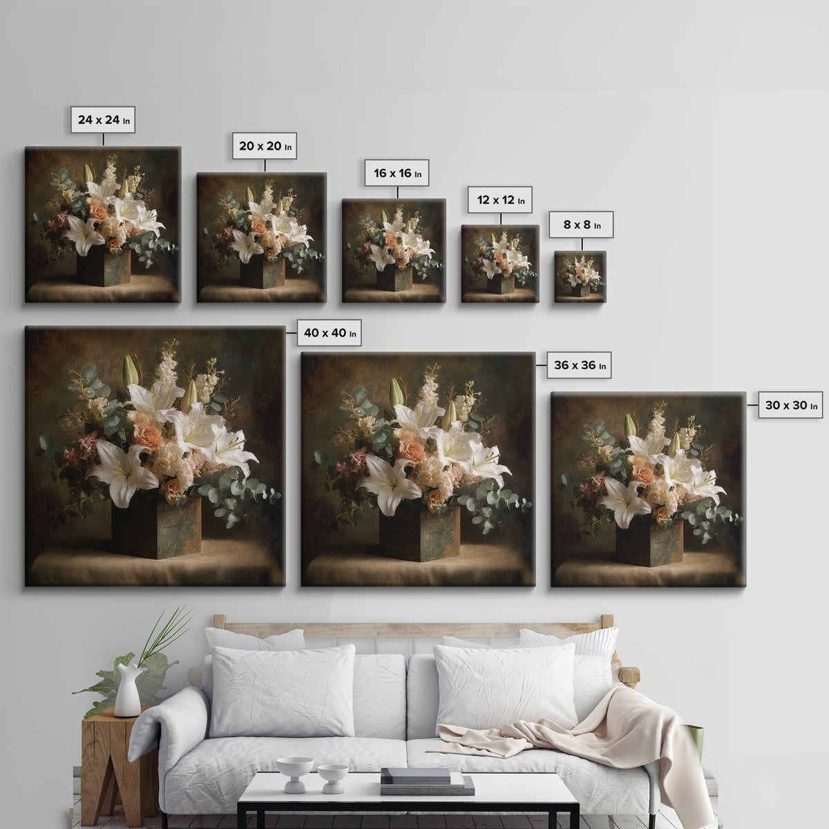 White Lilies and Eucalyptus Arrangement Canvas Print, Wedding Art, Modern Decor, Living Room Decor, Fine Art, Romance, WED-1x1-81