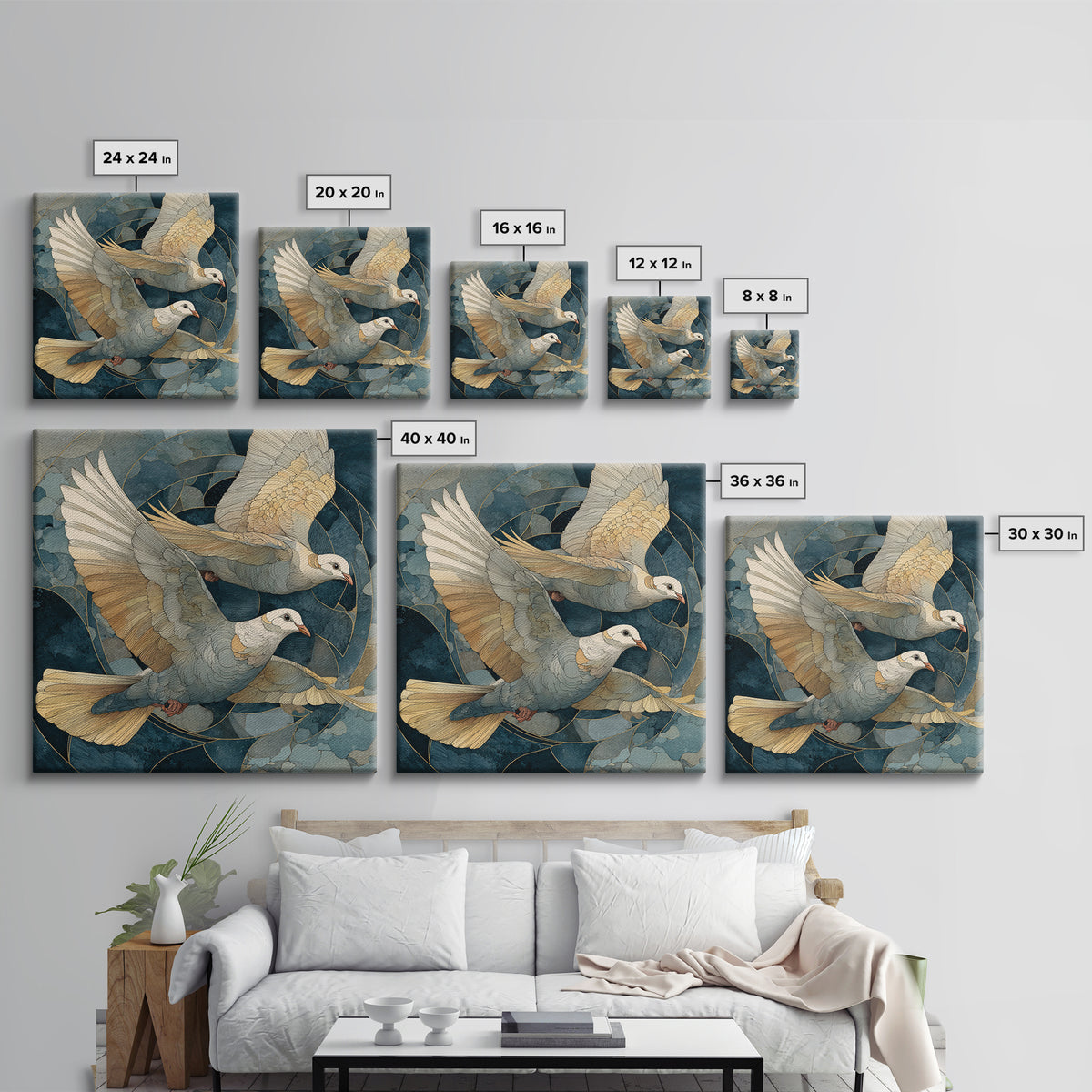 Doves Flying Through Soft Golden Light Framed Canvas Print, Wedding Art, Wall Decor, Living Room Decor, Fine Art, Romance, WED-1x1-83