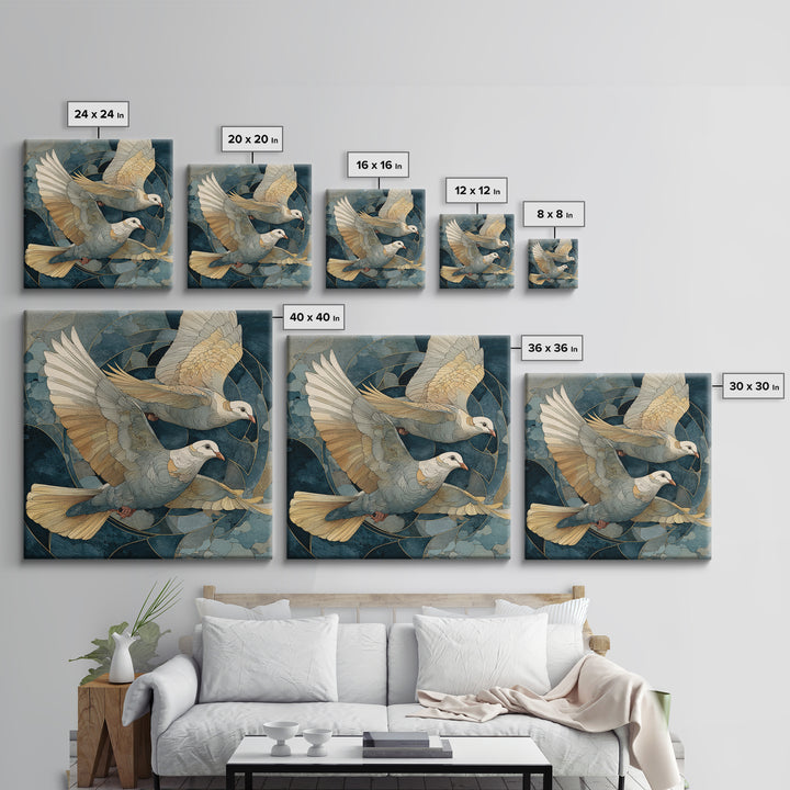Doves Flying Through Soft Golden Light Framed Canvas Print, Wedding Art, Wall Decor, Living Room Decor, Fine Art, Romance, WED-1x1-83