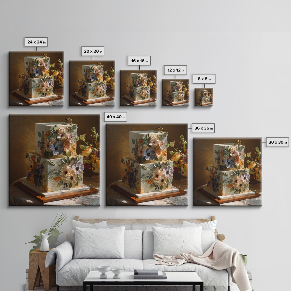 Wedding Cake with Flowers in Painterly Style Canvas Print, Wedding Art, Wedding Poster, Living Room Decor, Oil Painting, WED-1x1-86