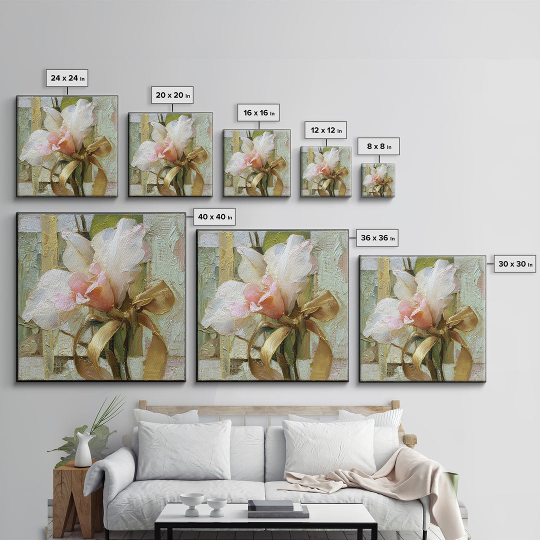White Orchid and Gold Ribbon Composition Framed Canvas Print, Wedding Art, Wedding Gift, Living Room Decor, Fine Art, Romance, WED-1x1-96