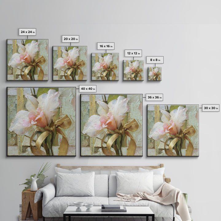White Orchid and Gold Ribbon Composition Framed Canvas Print, Wedding Art, Wedding Gift, Living Room Decor, Fine Art, Romance, WED-1x1-96