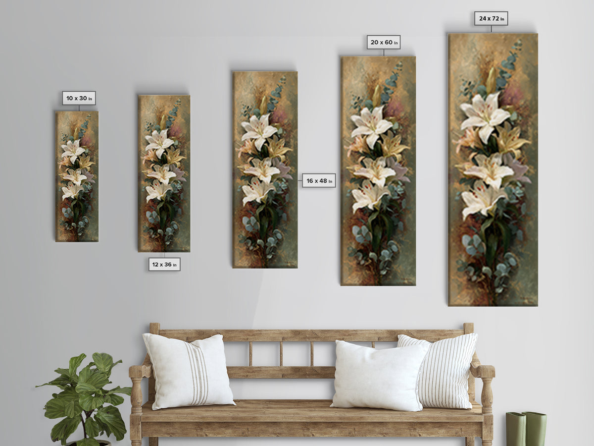 White Lilies and Eucalyptus Arrangement Framed Canvas Print, Wedding Art, Wedding Stationery, Living Room Decor, Oil Painting, WED-1x3-69
